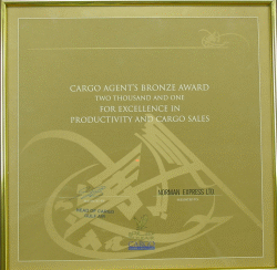 Gulf Air Cargo Agent's Bronze Award 2001 for Excellence in Productivity and Cargo Sales 