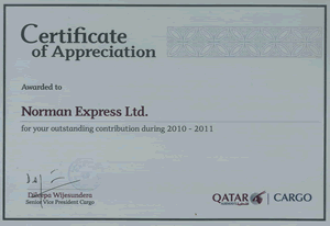 Qatar Airways Certificate of Appreciation 2010 / 2011